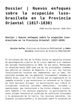 Dossier | Nuevos Enfoques Sobre La Ocupación Luso-Brasileña En La