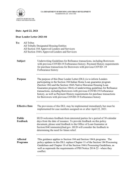 Date: April 22, 2021 Dear Lender Letter 2021-04 To