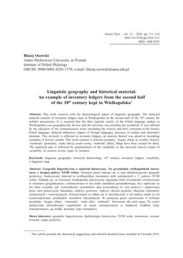 Linguistic Geography and Historical Material. an Example of Inventory Ledgers from the Second Half of the 18Th Century Kept in Wielkopolska1
