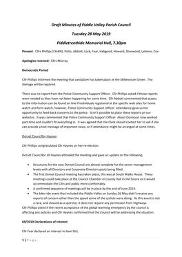 Draft Minutes of Piddle Valley Parish Council Tuesday 28 May 2019