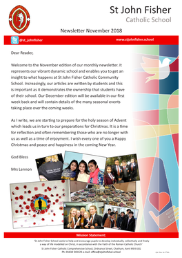 Catholic School Newsletter November 2018 @St Johnfisher@St Johnﬁsher