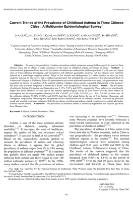 Current Trends of the Prevalence of Childhood Asthma in Three Chinese Cities : a Multicenter Epidemiological Survey1