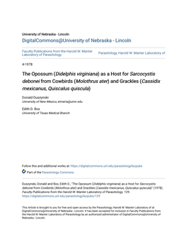 Didelphis Virginiana) As a Host for Sarcocystis Debonei from Cowbirds (Molothrus Ater) and Grackles (Cassidix Mexicanus, Quiscalus Quiscula)