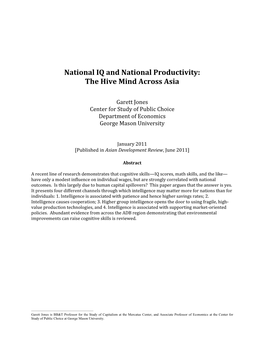 National IQ and National Productivity: the Hive Mind Across Asia