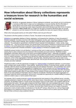 Impact of Social Sciences Blog: How Information About Library Collections Represents a Treasure Trove for Research in the Humanities and Social Sciences Page 1 of 4