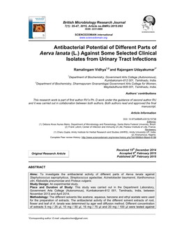 Antibacterial Potential of Different Parts of Aerva Lanata (L.) Against Some Selected Clinical Isolates from Urinary Tract Infections