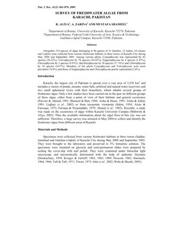 Survey of Freshwater Algae from Karachi, Pakistan