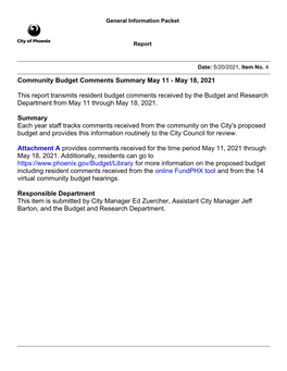 May 11-May 18, 2021 Community Budget Feedback