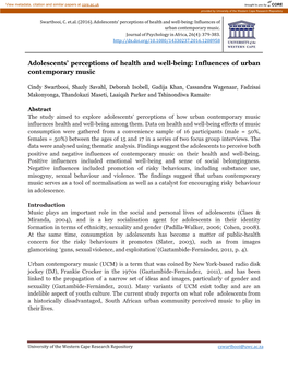 Repository.Uwc.Ac.Za Goal of the Study This Study Sought to Explore South African Adolescents’ Perceptions of Urban Contemporary Music on Their Health and Well-Being