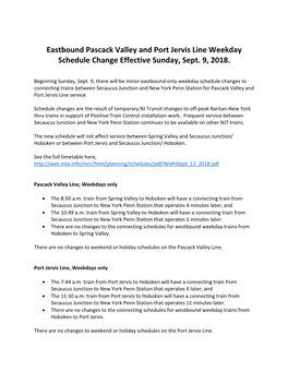 Eastbound Pascack Valley and Port Jervis Line Weekday Schedule Change Effective Sunday, Sept