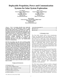 Deployable Propulsion, Power and Communication Systems for Solar System Exploration Les Johnson John A