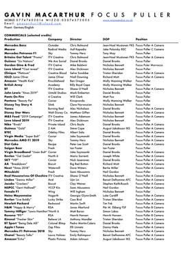 Gavin Macarthur Focus Puller CV 2020