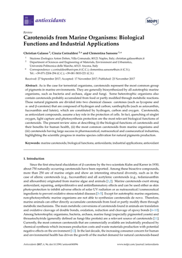 Carotenoids from Marine Organisms: Biological Functions and Industrial Applications