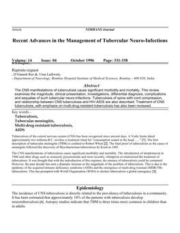 Recent Advances in the Management of Tubercular Neuro-Infections
