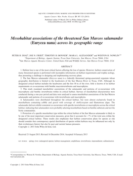 Mesohabitat Associations of the Threatened San Marcos Salamander (Eurycea Nana) Across Its Geographic Range