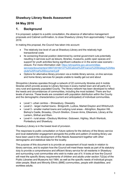 Shawbury Library Needs Assessment 04 May 2016 1. Background