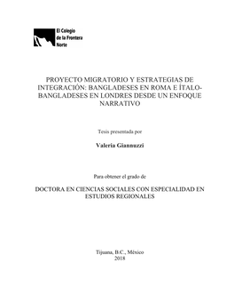 Proyecto Migratorio Y Estrategias De Integración: Bangladeses En Roma E Ítalo- Bangladeses En Londres Desde Un Enfoque Narrativo