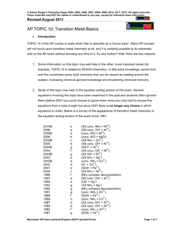 AP TOPIC 10: Transition Metal Basics