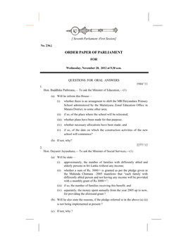 Order Paper of Parliament