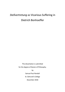 Stellvertretung As Vicarious Suffering in Dietrich Bonhoeffer