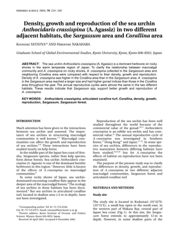 Density, Growth and Reproduction of the Sea Urchin Anthocidaris Crassispina (A
