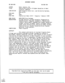 Statistical Profile of Higher Education in West Virginia, 1992-93. INSTITUTION West Virginia State Coll