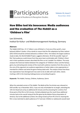 How Bilbo Lost His Innocence: Media Audiences and the Evaluation of the Hobbit As a ‘Children’S Film’