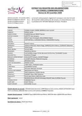 EXTRAIT DU REGISTRE DES DELIBERATIONS DU CONSEIL COMMUNAUTAIRE Séance Du 30 Novembre 2020