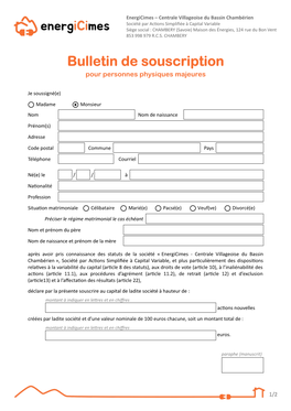 Bulletin De Souscription Pour Personnes Physiques Majeures