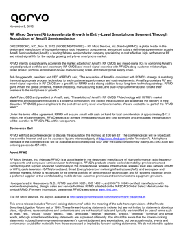 RF Micro Devices(R) to Accelerate Growth in Entry-Level Smartphone Segment Through Acquisition of Amalfi Semiconductor