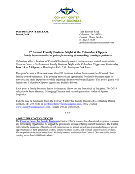 6Th Annual Family Business Night at the Columbus Clippers Family Business Leaders to Gather for Evening of Networking, Sharing Experiences