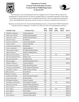 Mammals of Vermont Vermont Natural Heritage Inventory Vermont Fish & Wildlife Department 22 March 2017