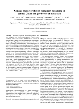 Clinical Characteristics of Malignant Melanoma in Central China and Predictors of Metastasis