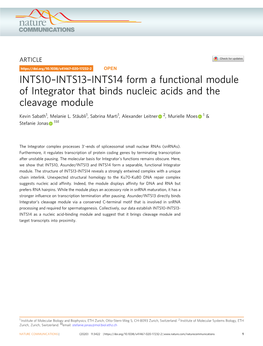 INTS14 Form a Functional Module of Integrator That Binds Nucleic Acids and the Cleavage Module