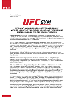 Ufc Gym® Announces Exclusive Partnership with Td Lifestyle to Develop Locations Throughout United Kingdom and Republic of Ireland