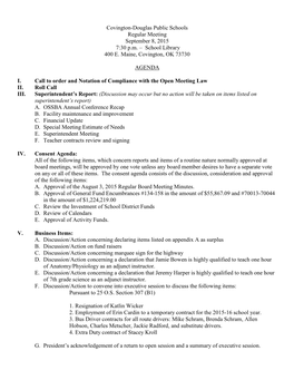 Covington-Douglas Public Schools Regular Meeting September 8, 2015 7:30 P.M