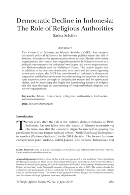 Democratic Decline in Indonesia: the Role of Religious Authorities Saskia Schäfer