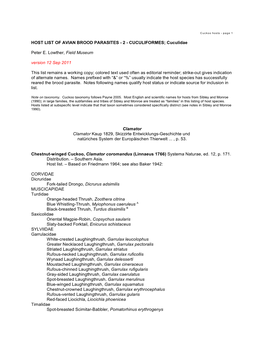 HOST LIST of AVIAN BROOD PARASITES - 2 - CUCULIFORMES; Cuculidae