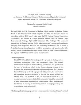 The Plight of the Okinawan Dugong: an Okinawan Civil Society Critique of the Government of Japan's Environmental Impact Assessment and the U.S