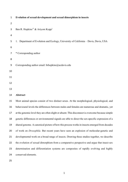 1 Evolution of Sexual Development and Sexual Dimorphism in Insects 1