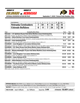 COLORADO Vs. NEBRASKA OFFICIAL STATISTICS & PLAY-BY-PLAY September 7, 2019 / Folsom Field, Boulder, Colo