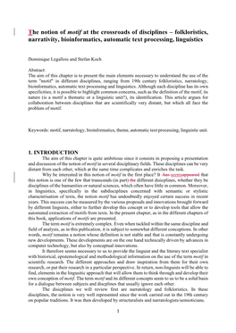 The Notion of Motif at the Crossroads of Disciplines – Folkloristics, Narrativity, Bioinformatics, Automatic Text Processing, Linguistics