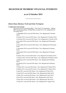 REGISTER of MEMBERS' FINANCIAL INTERESTS As at 12 October 2015