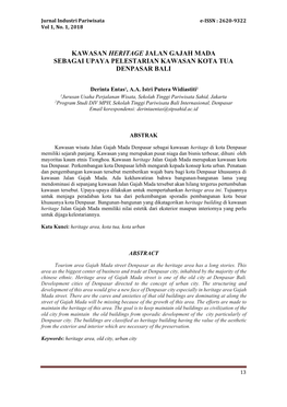 Kawasan Heritage Jalan Gajah Mada Sebagai Upaya Pelestarian Kawasan Kota Tua Denpasar Bali