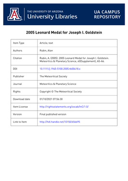 2005 Leonard Medal for Joseph I. Goldstein