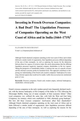 Investing in French Overseas Companies: a Bad Deal? the Liquidation Processes of Companies Operating on the West Coast of Africa and in India (1664–1719)1