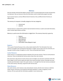 Memory We Have Already Mentioned That Digital Computer Works on Stored Programmed Concept Introduced by Von Neumann