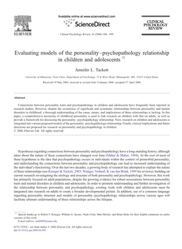 Evaluating Models of the Personality–Psychopathology Relationship in Children and Adolescents ☆