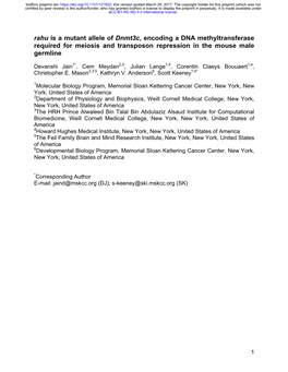 Rahu Is a Mutant Allele of Dnmt3c, Encoding a DNA Methyltransferase Required for Meiosis and Transposon Repression in the Mouse Male Germline