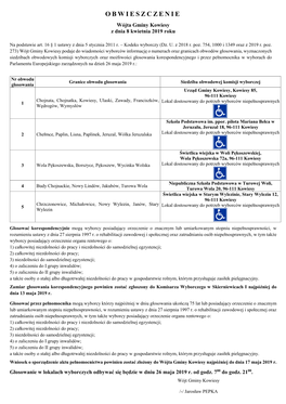 OBWIESZCZENIE Wójta Gminy Kowiesy Z Dnia 8 Kwietnia 2019 Roku